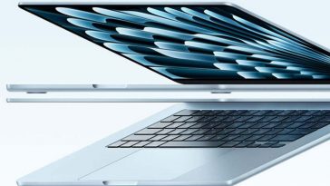 MacBook Air 13 M4 aperto e chiuso su sfondo azzurro