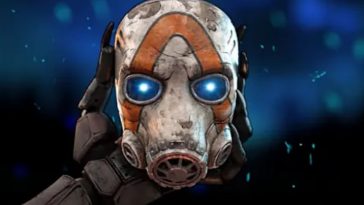 maschera con respiratore, bianca e strisce arancioni tenuta da mano robotica con sfondo dello spazio