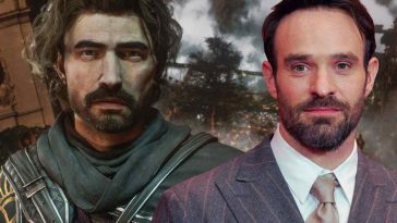 primo piano di gustave, personaggio di clair obscur expedition 33, affiancato a un primo piano di charlie cox