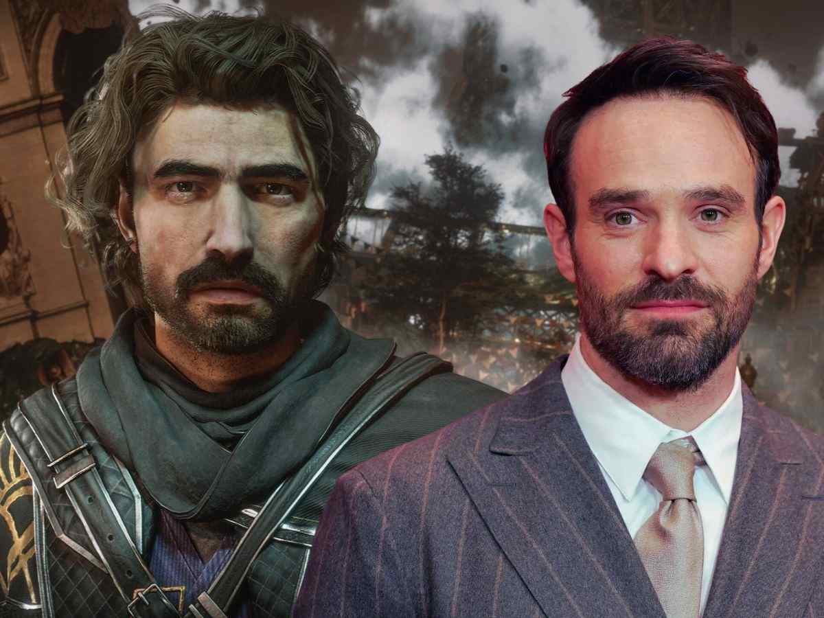 primo piano di gustave, personaggio di clair obscur expedition 33, affiancato a un primo piano di charlie cox