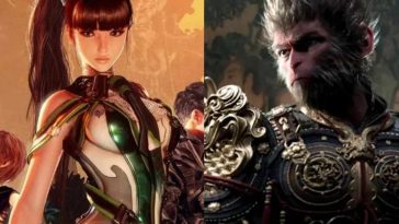 a sinistra Eve di Stella Blade con tuta verde, a destra uomo scimmia di black myth wukong