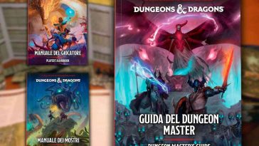 sulla destra manuale per dungeon master, a sinistra manuale gocatore e manuale mostri, dietro postazione da dungeon master