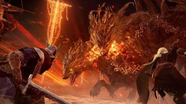 screenshot di elden ring nightreign con due personaggi che affrontano cane infernale a tre teste