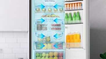 frigo con dentro alimenti e bevande con segnali di ricircolo dell'aria