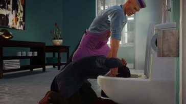 agente 47 di hitman vestito da gelataio che immerge la testa di un uomo nel water