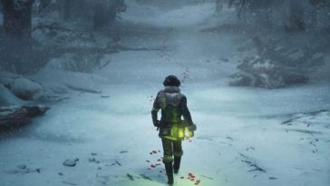 ragazzo con capelli neri che cammina di spalle nella neve