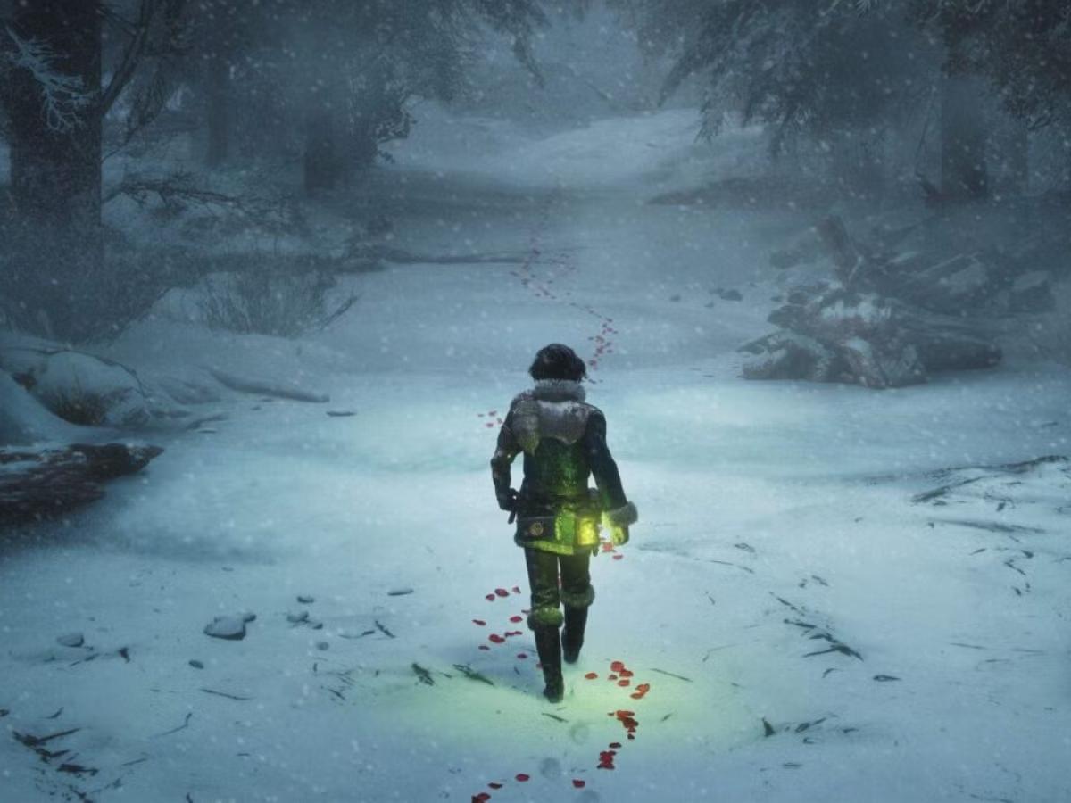 ragazzo con capelli neri che cammina di spalle nella neve