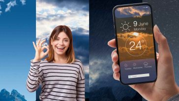 donna che fa gesto ok e man oche tiene smartphone con app meteo