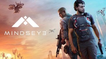 logo con scritta mindseye, a destra uomo di spalle con fucile e uomo di fronte con giubotto antiproiettile
