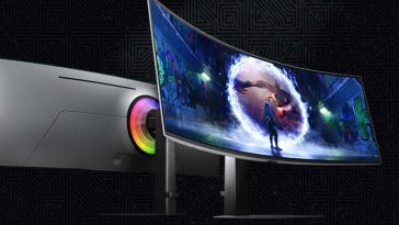 monitor samsung odyssey g9 fronte retro su sfondo nero