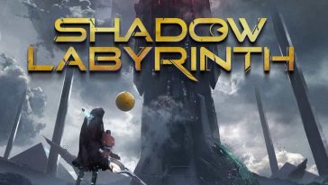 logo Shadow Labyrinth spadaccino di spalle che guarda enorme monolito, a fianco palla fluttuante gialla