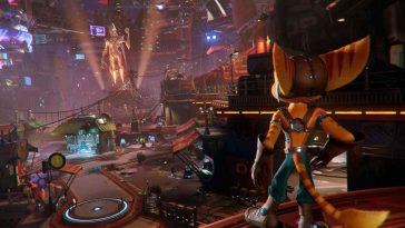 ratchet che guarda città dall'alto in screenshot di ratchet and clank rift apart