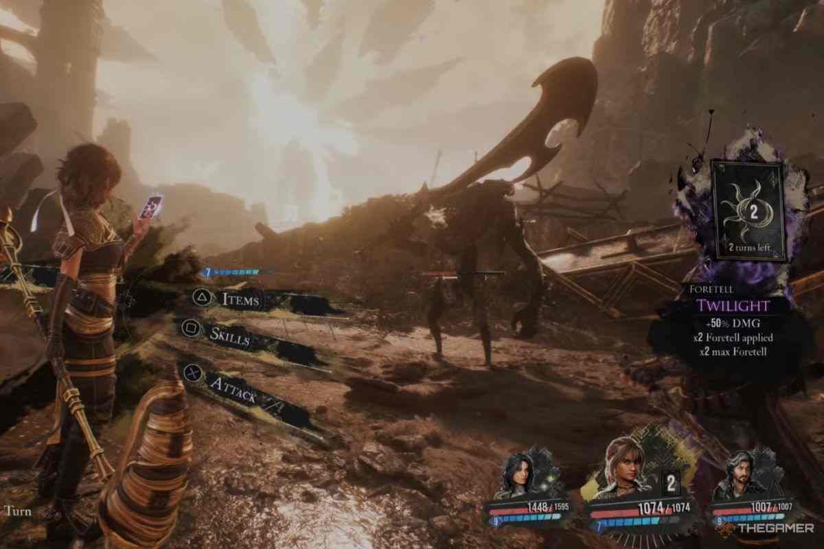 sciel in combattmento in modalità Crepuscolo contro nemico con grossa spada