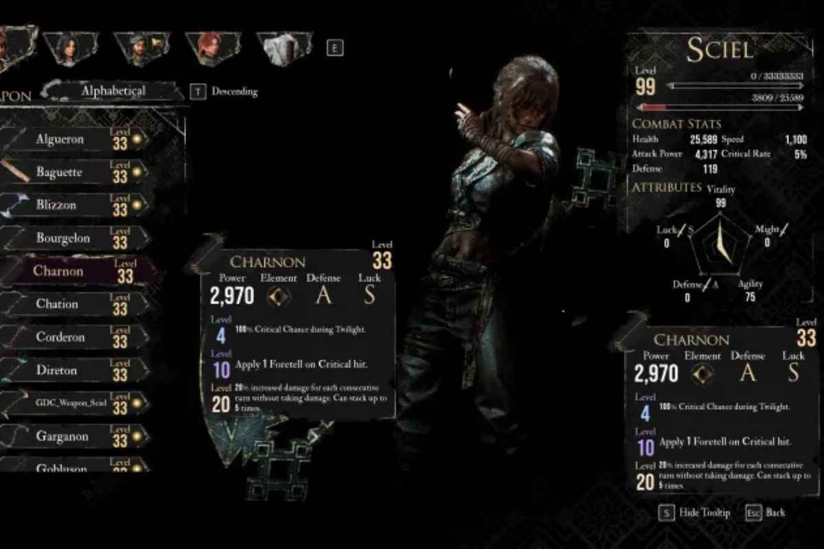 sciel nel menù armi