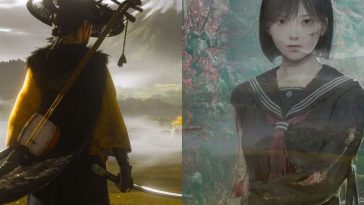 immagine divisa a metà con protagonista di ghost of yotei girata di spalle e protagonista di silent hill f