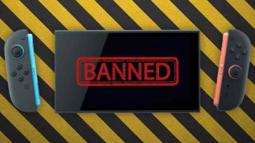 nintendo switch 2 con joy-con staccati su sfondo giallo e nero con scritta "banned"