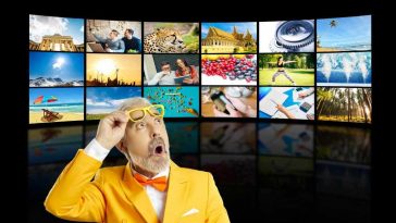 uomo vestito di giallo sconvolto con una serie di schermi dietro