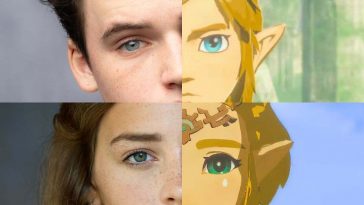 immagine divisa in 4 con metà faccia degli attori benjamin evan answorth e bo brogason e metà faccia di link e zelda
