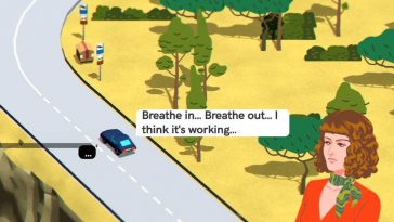 schermata con macchina che cammina vista dall'alto, signora capelli rossi con finestra di dialogo