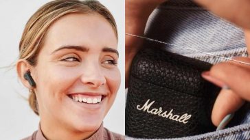 ragazza che indossa auricolari affiancato a case di auricolari inserito in una tasca di jeans