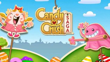 logo candy crush saga con dolciumi, un fantasmino e una bambina disegnati