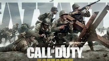 logo call of duty ww 2, dietro soldati con armi che puntano verso l'alto