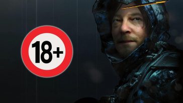 Death Stranding key art con Sam Porter Bridges al lato della foto con simbolo 18+