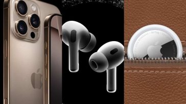 collage con foto in verticale di prodotti Apple: iPhone 16 Pro, AirPods Pro 2 e AirTag