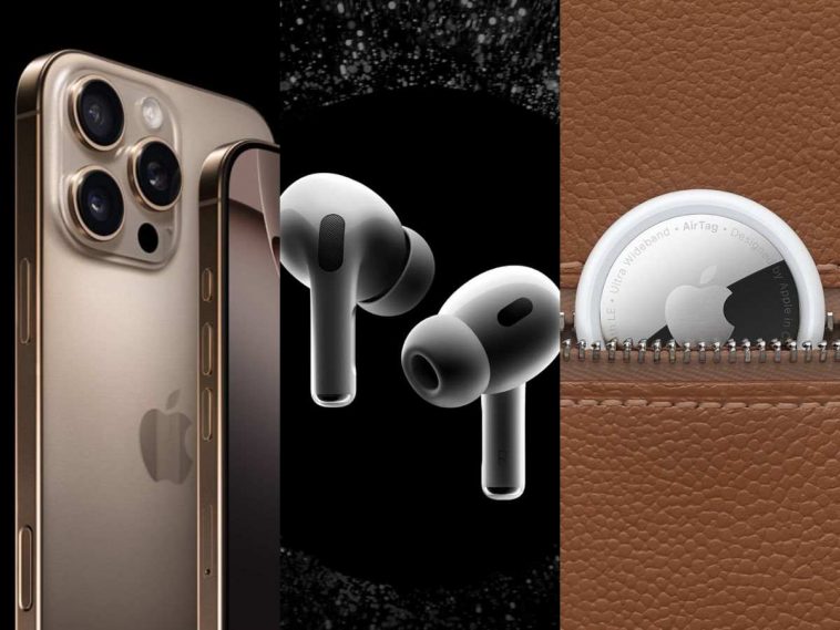 collage con foto in verticale di prodotti Apple: iPhone 16 Pro, AirPods Pro 2 e AirTag