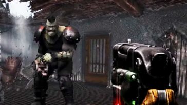 visuale in prima persona con pistola che punta contr un mostro verde