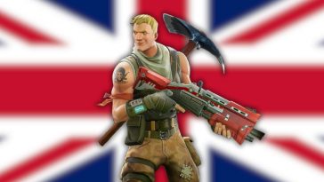 Personaggio biondo con fucile a canne, alle spalle bandiera inglese