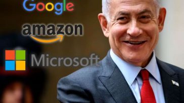 Benjamin Netanyahu che ride, loghi google, amazon, microsoft