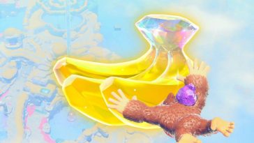 screenshot di donkey kong bananza con donkey kong che plana sulla laguna e gemma di banandium