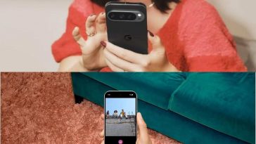 foto divisa a metà in orizzontale con persona che usa il Pixel 9 e sotto persona che sta scattando una foto col Pixel