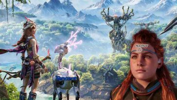 a sinistra ragazza con capelli rossi con accanto animale meccanico che osserva paesaggio con alberi e animali meccanici, a destra ragazza con capelli rossi