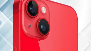 visione ravvicinata dell'iphone 14 rosso su sfondo bianco luminoso