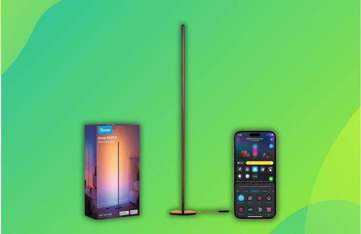 lampade da terra led govee con confezione e smartphone su sfondo verde
