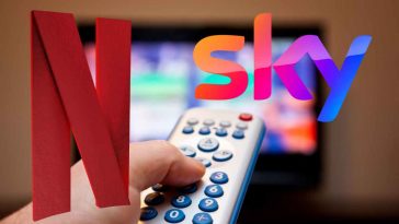 mano con telecomando e loghi netfliz e sky