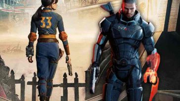 key art di fallout serie tv con ella purnell di spalle e protagonista di mass effect di fronte