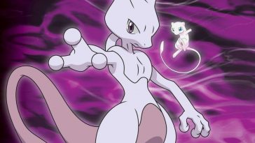 mewtwo e mew su sfondo viola