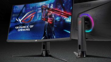 monitor rog strix fronte retro su sfondo nero