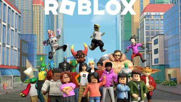 personaggi di roblox in schiera in una città con logo roblox in cima