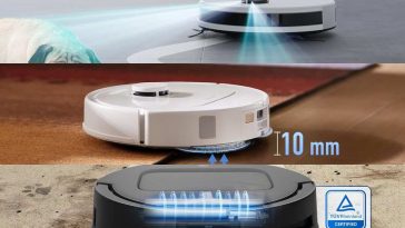 collage in tre bande orizzontali con tre robot aspirapolvere in sconto