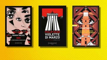 tre copertine di romanzi gialli affiancate su sfondo giallo