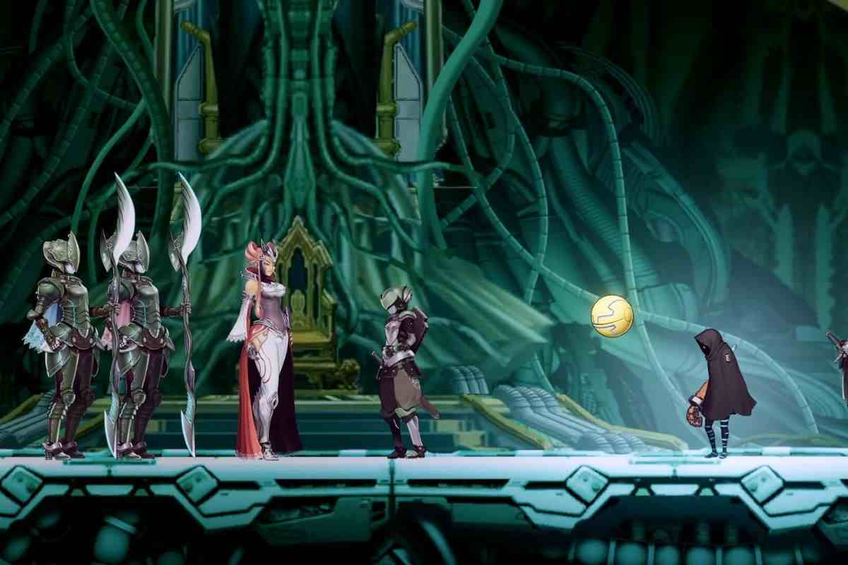 soldato che parla con regina, personaggio spadaccino che osserva da lontano