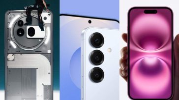 collage di tre foto verticali con tre smartphone: nothing phone, galaxy s25 ultra e iphone 16e