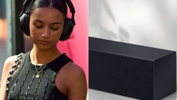 collage di due foto affiancate con persona che ascolta musica con cuffie sony e dettaglio soundbar