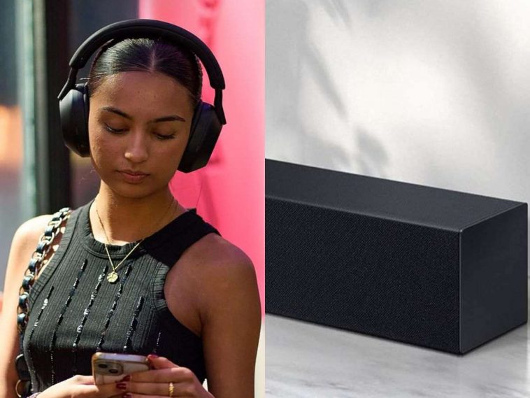 collage di due foto affiancate con persona che ascolta musica con cuffie sony e dettaglio soundbar