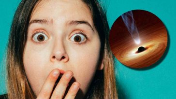 Una ragazza stupita e un'illustrazione di un buco nero