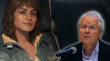 Yves Guillemot che parla al microfono, a sinistra personaggio femminile protagonista di star wars outlaws che ride